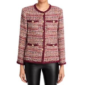 AQUA Women's Tweed Jacket Blazer Pink Multi Gold Button Front Career Chic S